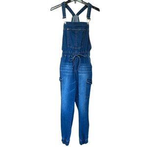 Almost Famous Drawstring Utility Jogger Overalls Denim Cargo Side Pockets Size S